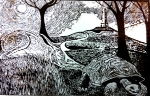 Hare and tortoise come to Darwen, linocut by Julia Swarbrick