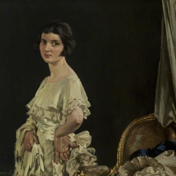 Oil painting featuring a pale woman with short black hair wearing a white frill dress against a dark background. The figure is painted in profile with her body facing to the left of the image, her face is angled to the viewer and she has her hand on her hip.