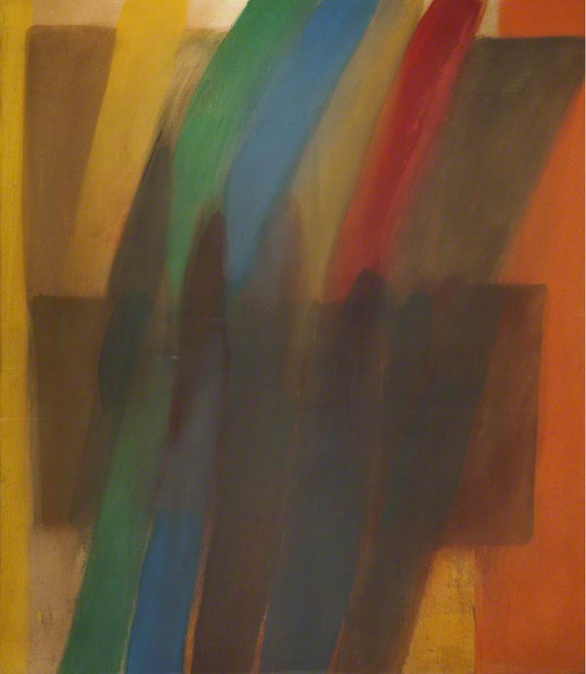 Colourful abstract painting featuring block vertical sections of colours in orange, green, blue, yellow, red and brown tones.