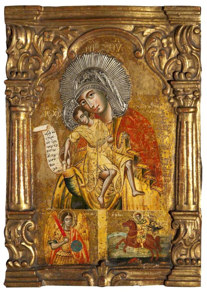 Painted panel of a female who is holding a child on her lap and a scroll. Directly below them are two further smaller painted figures, an angel and a man on horseback. The panel is decorated with a frame and metal embellishments.