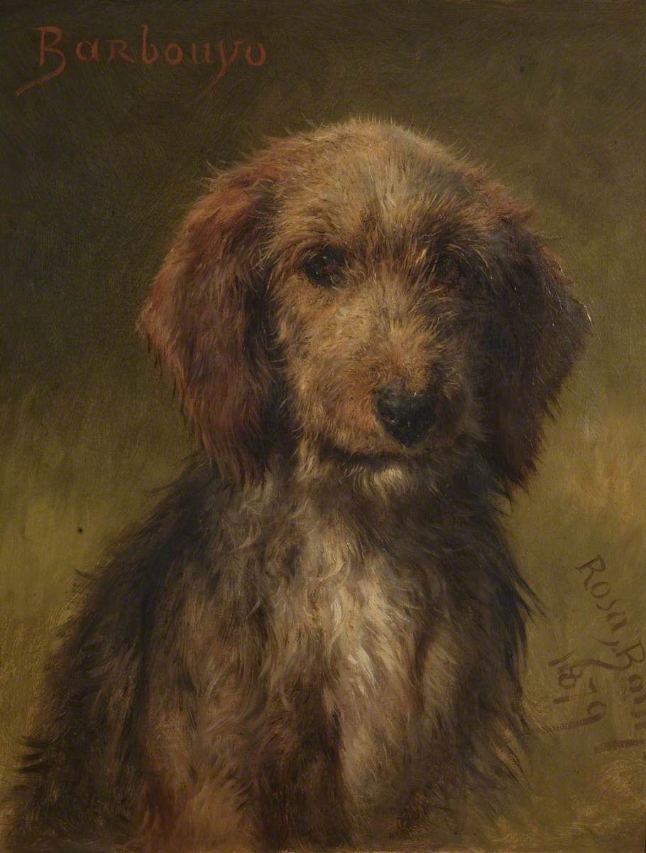 Oil painting of a brown dog with dark eyes, a black nose, long ears and a white patch on the chest. The background is a green yellow colour. In the top left corner is the name Barbouyo and in the bottom right corner is the signature for the artist Rosa Bonheur and the date 1879.